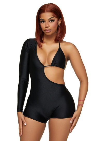 Black One Sleeve Bikini Romper